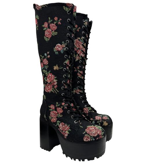 Current Mood Dolls Kill Platform Boots Tapestry Floral SZ 7 Womens Dark Romantic - Picture 2 of 12